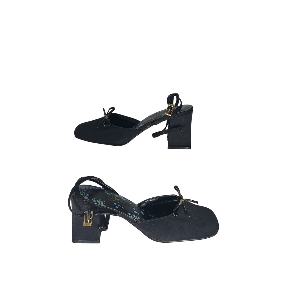 High Highlights Square Toe Block Heel Pumps 8.5 Black Satin Bow Vintage Style